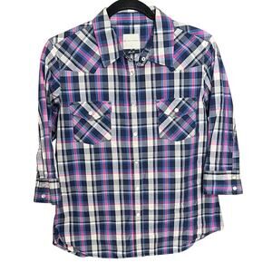 AG Adriano Goldschmied Slim Fit Blue Pink Plaid 3/4 Sleeve Shirt Women’s L